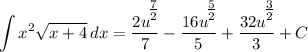 \displaystyle \int {x^2\sqrt{x + 4}} \, dx = \frac{2u^\Big{\frac{7}{2}}}{7} - \frac{16u^\Big{\frac{5}{2}}}{5} + \frac{32u^\Big{\frac{3}{2}}}{3} + C