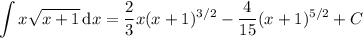 \displaystyle\int x\sqrt{x+1}\,\mathrm dx=\frac23x(x+1)^{3/2}-\frac4{15}(x+1)^{5/2}+C
