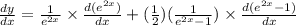 \frac{dy}{dx}=\frac{1}{e^{2x}}\times\frac{d(e^{2x})}{dx}+(\frac{1}{2})(\frac{1}{e^{2x}-1})\times\frac{d(e^{2x}-1)}{dx}