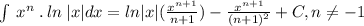 \int \:x^n\:.\:ln\:|x|dx=ln|x|(\frac{x^{n+1}}{n+1})-\frac{x^{n+1}}{(n+1)^2}+C,n\neq -1