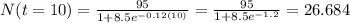 N(t=10) = \frac{95}{1+8.5 e^{-0.12(10)}}= \frac{95}{1+ 8.5 e^{-1.2}} = 26.684