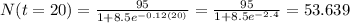 N(t=20) = \frac{95}{1+8.5 e^{-0.12(20)}}= \frac{95}{1+ 8.5 e^{-2.4}} = 53.639