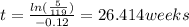 t = \frac{ln(\frac{5}{119})}{-0.12} = 26.414 weeks