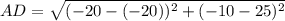 AD=\sqrt{(-20-(-20))^{2}+(-10-25)^{2}}