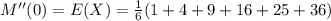 M^{\prime \prime}(0)=E(X)=\frac{1}{6}(1+4+9+16+25+36)