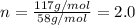 n=\frac{117 g/mol}{58 g/mol}=2.0