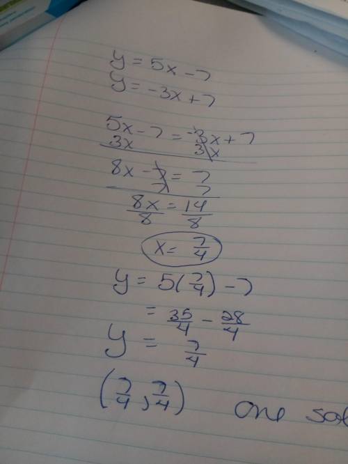 How many solutions does this system have?  y=5x-7 y=-3x+7