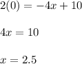 2 (0) = -4x +10\\\\4x = 10\\\\x = 2.5