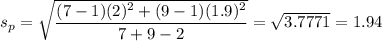 s_p = \sqrt{\displaystyle\frac{(7-1)(2)^2 + (9-1)(1.9)^2 }{7 + 9 - 2}} = \sqrt{3.7771} =1.94
