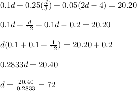 0.1d+0.25(\frac{d}{3})+0.05(2d-4)=20.20\\\\0.1d+\frac{d}{12}+0.1d-0.2=20.20\\\\d(0.1+0.1+\frac{1}{12})=20.20+0.2\\\\0.2833d=20.40\\\\d=\frac{20.40}{0.2833}=72