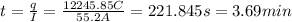 t=\frac{q}{I}=\frac{12245.85C}{55.2A}=221.845s=3.69min