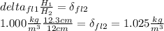 delta_{fl1}\frac{H_1}{H_2}=\delta_{fl2}\\1.000\frac{kg}{m^3} \frac{12.3cm}{12cm}=\delta_{fl2}=1.025\frac{kg}{m^3}