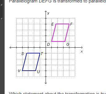 Parallelogram defg is transformed to parallelogram vstu. parallelogram d e f g is reflected diagonal