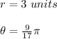 r=3\ units\\\\\theta=\frac{9}{17}\pi