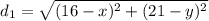 d_{1}=\sqrt{(16-x)^2 + (21-y)^2}
