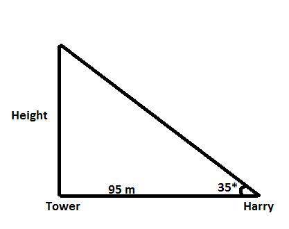 Harry is trying to calculate the height of a tower. he is standing 95 meters from the base of a towe