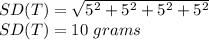 SD(T) = \sqrt{5^2+5^2+5^2+5^2}\\ SD(T) = 10\ grams