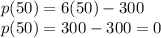 p(50)=6(50)-300\\p(50)=300-300=0