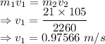 m_1v_1=m_2v_2\\\Rightarrow v_1=\dfrac{21\times 105}{2260}\\\Rightarrow v_1=0.97566\ m/s