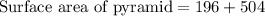 \text{Surface area of pyramid}=196+504