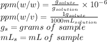 ppm(w/w) = \frac{g_{solute}}{g_{solution}}\times 10^{-6}\\ppm(w/v)= \frac{1 g_{solute}}{1000mL_{solution}}\\g_s= grams\ of\ sample\\mL_s= mL\ of\ sample