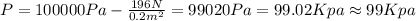 P = 100000Pa -\frac{196 N}{0.2 m^2}=99020Pa =99.02 Kpa \approx 99Kpa