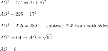 AO^2+15^2=(9+8)^2\\\\AO^2+225=17^2\\\\AO^2+225=289\qquad\text{subtract 225 from both sides}\\\\AO^2=64\to AO=\sqrt{64}\\\\AO=8