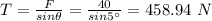 T = \frac{F}{sin\theta} = \frac{40}{sin5^{\circ}} = 458.94\ N