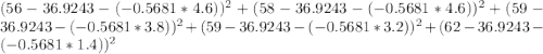 (56 - 36.9243 - (-0.5681*4.6))^2 + (58 - 36.9243 - (-0.5681*4.6))^2 + (59 - 36.9243 - (-0.5681*3.8))^2 + (59 - 36.9243 - (-0.5681*3.2))^2 + (62 - 36.9243 - (-0.5681*1.4))^2