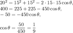 20^2=15^2+15^2-2\cdot 15\cdot 15\cos \theta,\\ 400=225+225-450\cos \theta,\\ -50=-450\cos \theta,\\ \\ \cos \theta=\dfrac{50}{450} =\dfrac{1}{9}