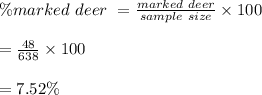 \% marked\ deer\ =\frac{marked\ deer }{sample\ size}\times100\\\\=\frac{48}{638}\times100\\\\=7.52\%