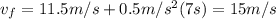 v_f = 11.5 m/s + 0.5 m/s^2 (7s) = 15 m/s