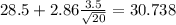 28.5+2.86\frac{3.5}{\sqrt{20}}=30.738