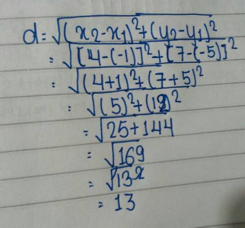 Find the distance between the two points in simplest radical form. (-1, -5) and (4,7)