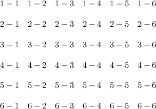 \begin{array}{cccccc}1-1&1-2&1-3&1-4&1-5&1-6\\ \\2-1&2-2&2-3&2-4&2-5&2-6\\ \\3-1&3-2&3-3&3-4&3-5&3-6\\ \\4-1&4-2&4-3&4-4&4-5&4-6\\ \\5-1&5-2&5-3&5-4&5-5&5-6\\ \\6-1&6-2&6-3&6-4&6-5&6-6\end{array}