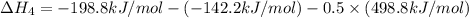 \Delta H_4=-198.8 kJ/mol-( -142.2 kJ/mol)-0.5\times (498.8 kJ/mol)