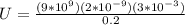 U = \frac{(9*10^9)(2*10^{-9})(3*10^{-3})}{0.2}