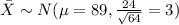 \bar X \sim N(\mu=89, \frac{24}{\sqrt{64}}=3)