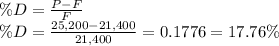 \%D =\frac{P-F}{F}\\\%D =\frac{25,200-21,400}{21,400}=0.1776=17.76\%