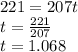 221=207t\\t=\frac{221}{207} \\t=1.068