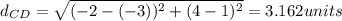 d_{CD}=\sqrt{(-2-(-3))^2+(4-1)^2}=3.162units