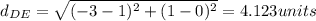 d_{DE}=\sqrt{(-3-1)^2+(1-0)^2}=4.123units