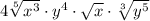 4 \sqrt[5]{x^{3}} \cdot y^{4} \cdot \sqrt{x} \cdot \sqrt[3]{y^{5}}