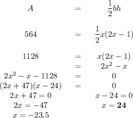 \begin{array}{ccc}A & = & \dfrac{1}{2}bh\\\\564 & = & \dfrac{1}{2}x(2x - 1)\\ \\1128 & = & x(2x - 1)\\& = & 2x^{2} - x\\2x^{2} - x - 1128 & = & 0\\(2x + 47)(x - 24) & = & 0\\2x + 47 = 0 &\qquad & x - 24 = 0\\2x = -47 & \qquad & x = \mathbf{24}\\x = -23.5 & \qquad & \\\end{array}