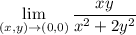 \displaystyle\lim_{(x,y)\to(0,0)}\frac{xy}{x^2+2y^2}