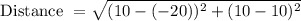 \text{ Distance } = \sqrt{(10-(-20))^2 + (10-10)^2}