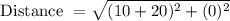 \text{ Distance } = \sqrt{(10+20)^2 + (0)^2}