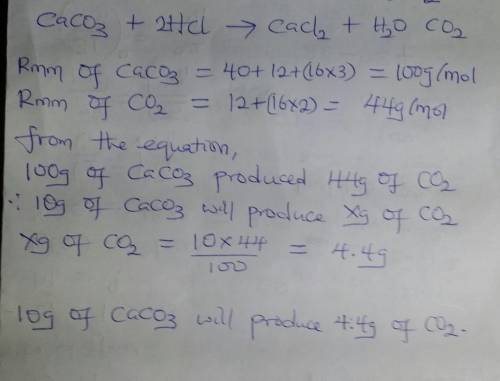 What mass of carbon dioxide gas would be produced if 10g of calcium carbonate reacted with an excess