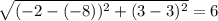 \sqrt{(-2-(-8))^2+(3-3)^2 }= 6