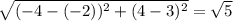 \sqrt{(-4-(-2))^2+(4-3)^2 }= \sqrt{5}